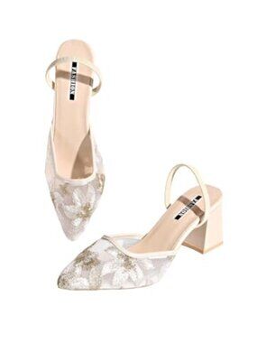 Women's Slingback Kitten Heels Chunky Block Heel Sandals Mesh Pumps Pointed Toe